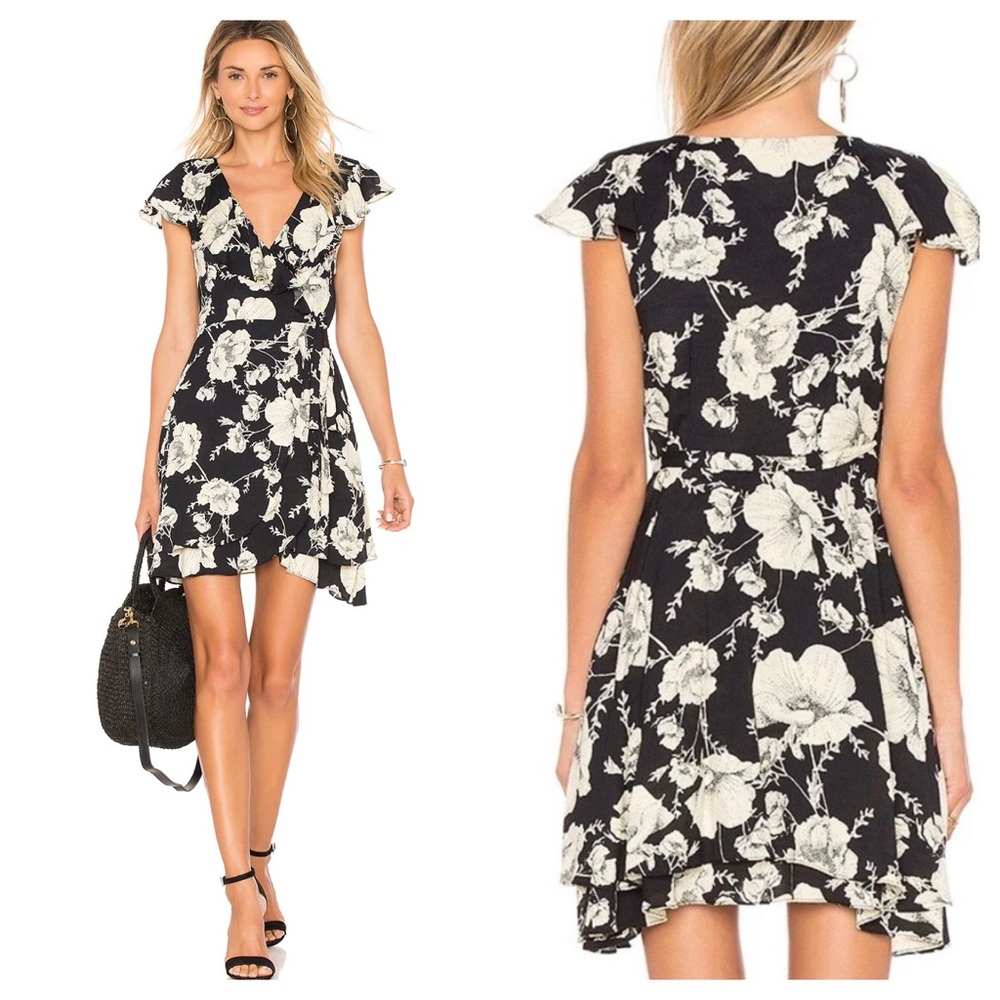 Free People French Quarter Wrap Mini Dress Floral Black & White Sz S Ruffle
